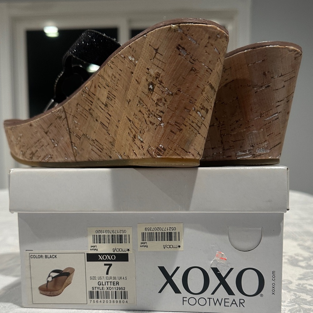 XOXO Glitter Black and Tan Wedge Sandals - Picture 5 of 5